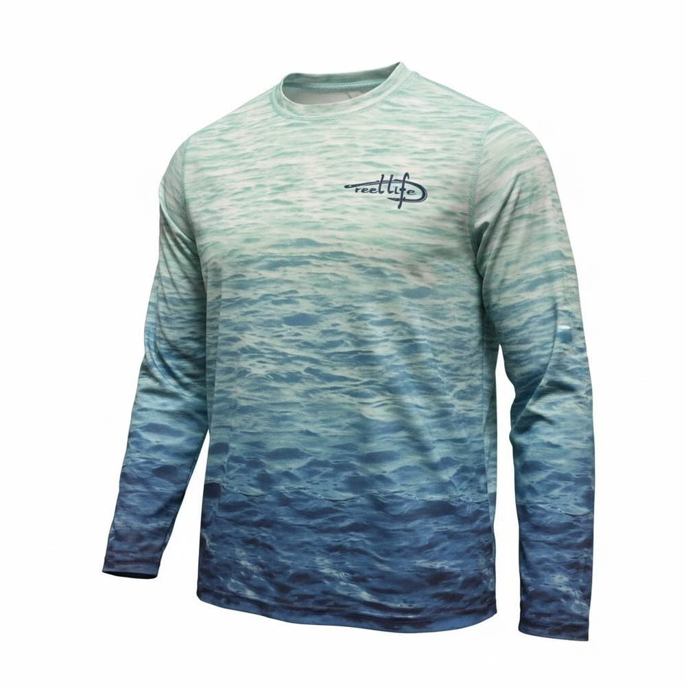 Long Sleeve Shirt Reel Life Medium Mens Blue Excellent Water Print Fishing Top